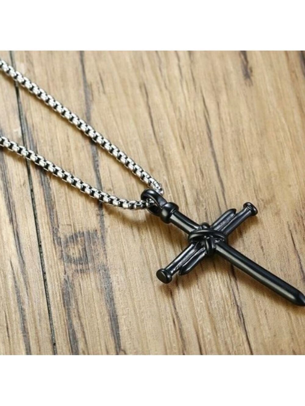 Pendant--𝅺BLACK over Stainless Steel Nails & Rope Cross pendant necklace - Picture 4 of 5